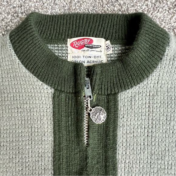 Vintage Green/White Striped Orlon Acrylic Rugby Sportswear Zip Up Cardigan, Med - Picture 6 of 9